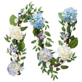 Valery Madelyn 6FT Spring Summer Flower Garland with Lights for Mantle,Blue White Hydrangeas Floral Garland with Eucalyptus Leaves Butterfly for Home Table Centrepiece Stairs Wedding Party Decorations