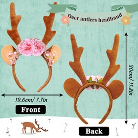 FUKPO Reindeer Headband with Flowers and Reindeer Face Tattoo, Deer Ears Headband Women Girls Adults Children Antlers Headdress Carnival Fancy Dress Theme Party Cosplay Costume Christmas