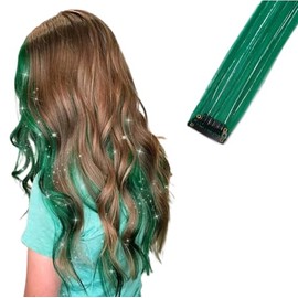 2 x Clip-In Hair Extension Highlights Streaks, Colourful Hair Highlights (Sparkle Green)