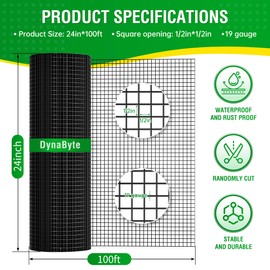 Dynabyte Vinyl Coated Black Hardware Cloth 1/2 inch 24 x 100 ft 19 Gauge, Rust and Corrosion Resistant, Easy to Bend Simple Installation, Chicken Wire Mesh, Garden Fence, Gopher Wire Cloth