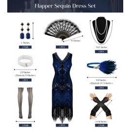 1920s Dresses for Women, Flapper Dress Lace Fan Feather Headband Sequins Beads Fringes 20s Accessories Vintage Mafia Costume BlackBlue