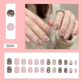 Domiya Nail Tip, 3D Nails, 24 Pieces, Very Short Popular, Nail Stickers, Cute, False Nails, Short, Round Tip, Fashion Nail (Camellia in Caramel)