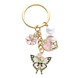 OTETTS Butterfly Bag Charm Keychain for Women, Cute Flower Heart Metal Enamel Key Holder Pearl Pendant Purse Keyring，Pink