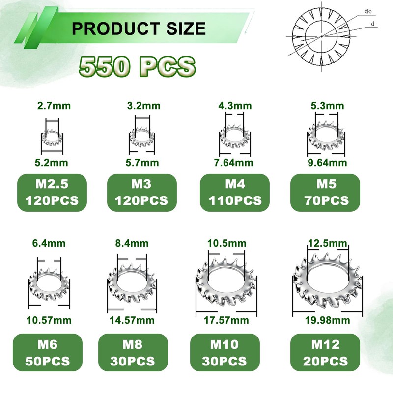 Ruibapa 550PCS External Tooth Lock Washers Assortment Kit (M2.5-M12)