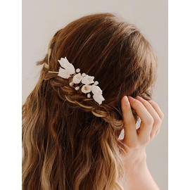 YUEKISEN Bridal Flower Headpiece White Flower Wedding Hair Comb Floral Pearl Hair Piece Hair Accessories for Women Bridesmaid