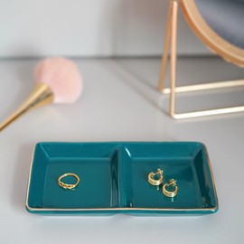 HANKOR Ceramic Jewelry Dish Tray, 2 Compartment Ring Dish, Decorative Trinket Tray for Rings, Earrings, Keys, Birthday Christmas Gifts, Green