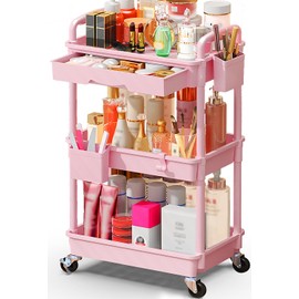 SUNALLY Makeup Cart Organizer with Drawers, Floor Skincare Organizers Vanity Storage Organizer, Rolling Makeup Bathroom Storage Cart Cosmetics Display Cases for Skin Care Perfume Nail Polish, Pink