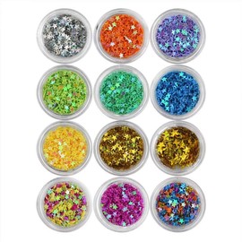 (12 Colors Five Star Sequins) - YesLady Nail Art Glitter Sequins Five Star Acrylic UV Gel False Tips Decoration 12 Pots