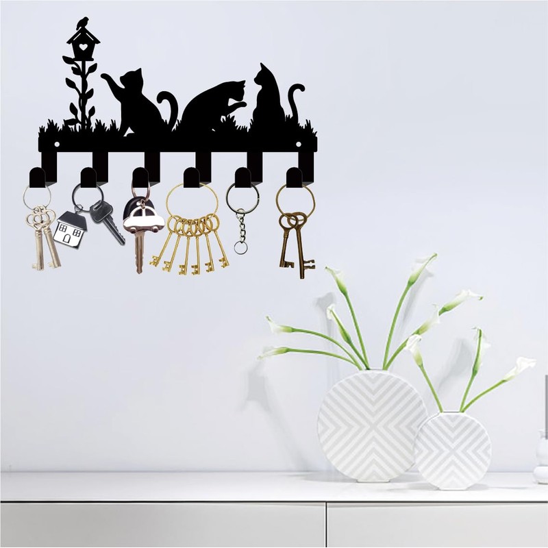 CREATCABIN Black Cats Key Holder for Wall Key Hanger Metal