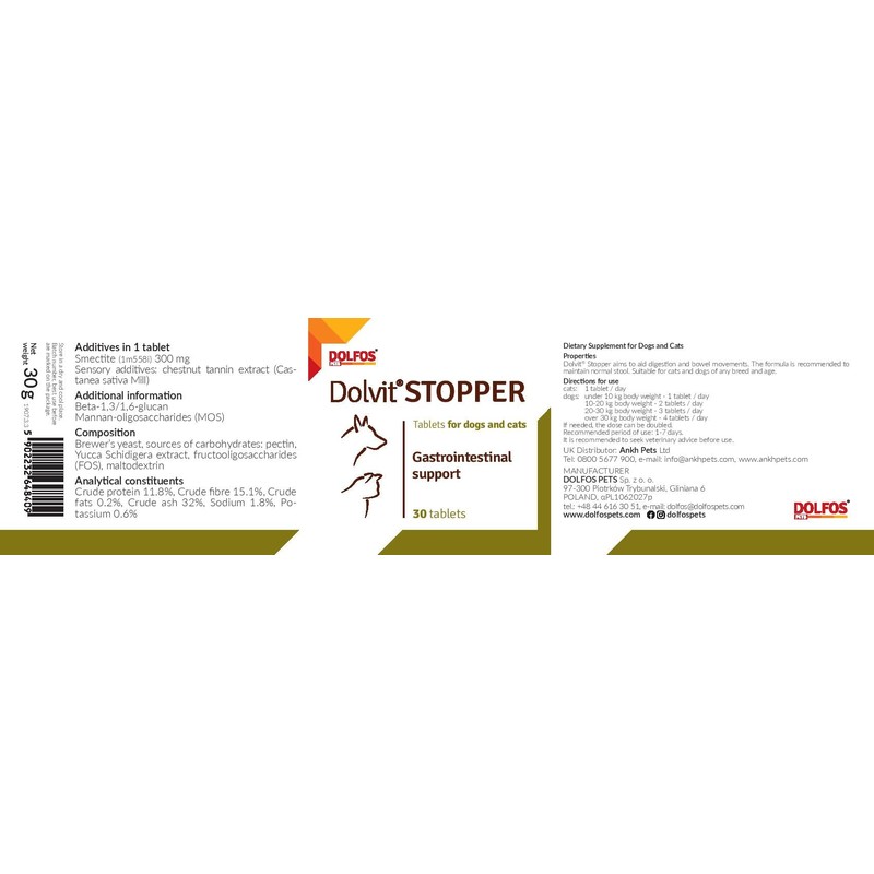 Dolvit Stopper 30 tablets Gastrointestinal Support for Cats Dogs