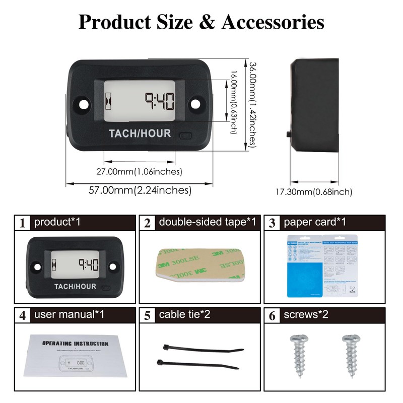 Jayron JR-HM019R Digital LCD Waterproof Gasoline Engine Hour Meter Tachometer