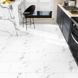 STICKEEP White Marble Peel and Stick Floor Tile Roll 24" x 12" Bathroom Vinyl Flooring Waterproof Vinyl Stick on Floor Tiles Marble Linoleum Flooring Roll for Kitchen Bedroom Basement Camper RV 4 PCS
