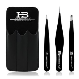 HB Professionals Tweezers Set With Case - Premium Stainless Steel Tweezers For Eyebrows - Perfect Precision For Facial Hair, Splinter & Ingrown Hair Removal - For Women & Men - 3 PCS SET (Black)
