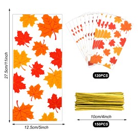 Fulmoon 120 Pcs Fall Thanksgiving Cellophane Bags Maple Leaves Turkey Pumpkin Goodies 3 Styles Autumn Treat with Gold Twist Tie for Candy Chocolate Party Favor Supplies