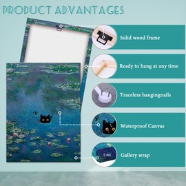 BFKDKG Monet Wall Art Set of 3 - Funny Cat in Water Lilies Canvas Paintings Prints, Garden Flowers Black Cat Aesthetic Pictures for Room Bedroom Living Room Bathroom (Black Cat Water Lily, 12*16*3, Wrapped Canvas)