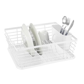 WENKO Dish Drainer Mod. Drip Dish Drainer with Cutlery Basket and Drip Tray Metal Powder Coated Plastic PP 36 x 15 x 30 cm White