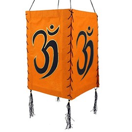 Lokta Paper Hanging Lampshade, Ceiling Light Made of Handmade Paper - Om Orange/Asian Paper & Fabric Lampshades
