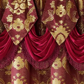 HOMEIDEAS Burgundy Paisley Jacquard Curtains, Victorian Luxury Window Curtains 2 Panels Set with Attached Valance and Sheer Backing, Fancy Drapes for Bedroom & Living Room, 52x84 Inches