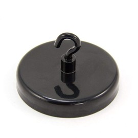 FIRST4MAGNETS Ferrite Black Painted Clamping Magnet with M4 Hook for Hanging, Holding or Displaying Items - 57mm Dia - 25kg Pull