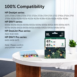 67XL Printer Ink Replacement for HP 67 Ink cartridges Black/Color Combo Pack Remanufactured for DeskJet 2700 2700e 2755e 2755 4155e Envy 6055e 6055 6000 6400 6455e 6475 6452 6458 (2 Packs)
