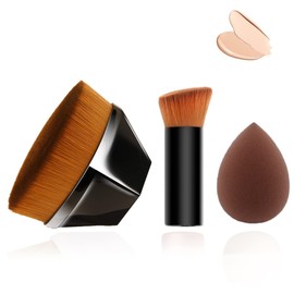 Brocha Kabuki, Brochas de Maquillaje Profesional con Brochas para Contorno y Esponja Maquillaje, Brocha para Base de Maquillaje con Tapa Plana para Base Mezcla Líquida Crema Polvo Impecable Contorno, Brocha de cerdas sintéticas prémium - Negro