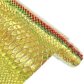 CALFOVERA 53 x 11.8 Inch Holographic Embossed PU Leather Rolls Snake Skin Synthetic Vinyl Fabric Yellow Green Snake Textured Glossy Mirrored Faux Leather Sheets for DIY Crafts Making Furniture Cover