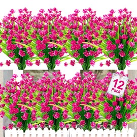 TURNMEON 12 Bundles Artificial Flowers for Outdoors, UV Resistant Artificial Fake Plants Faux Plastic Fake Cemetery Flowers for Home Gardens Window Box Porch Indoor Cemetery Summer Decor(Magenta)