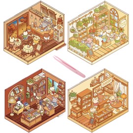 4 Sets Sticker Therapy,Sticker Scene,3D Sticker Scene, Cute Cartoon 3D House Sticker Set Suitable for Adults and Children to Relieve Stress and Pass The Time (with Tweezers)