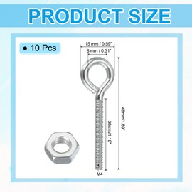 PATIKIL M4x30mm Eye Bolts, 10 Pcs Carbon Steel Threaded Eyebolt Eye Hooks Screws with Nut for Hanging or Securing Cables Silver