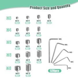 Nivithi 520 Grub Screws Set, Taper Ball Head Screws M3/M4/M5/M6/M8, Stainless Steel Screw Set, Grub Screws M4 & Grub Screw M6, Hexagon Socket Screws for Door Handles with 5 Pieces Hex Keys