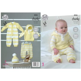 King Cole Baby Chunky Knitting Pattern Easy Knit Raglan Sleeve All-in-One Hoody Pants & Hat (4846),Multicolor,14" - 22" chest