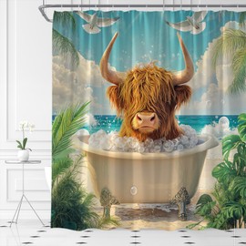 Highland Cow Shower Curtain Ocean Beach Funny Cattle in Bathtub Bubble Tropical Palm Leaf Hawaii Cute Calf Bathroom Curtain Set with Hooks(70" WX70 H)