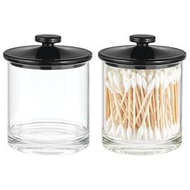 mDesign Small Modern Apothecary Storage Organizer Canister Jars - Plastic Containers for Bathroom, Organization Holder for Vanity, Counter, Makeup Tables, Lumiere Collection, 2 Pack, Clear/Black