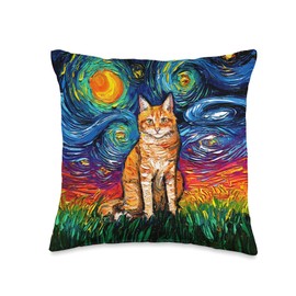 Orange Tabby Tiger Cat Starry Night Colorful Art by Aja Throw Pillow