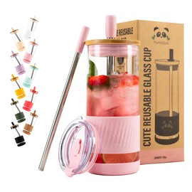 Pandaloo Glass Cups With Lids and Straws -20 Fl Oz- Perfect Size Iced Coffee Cup - Smoothie Cup With Bamboo Lid and On the go Lid - Glass Tumbler With Straw (1 Count (Pack of 1), Tender Pink)