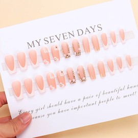 RUOKEXIN Long Press on Nails Square Fake Nails Pink False Nails with Rhinestones Flower Designs Matte Glue on Nails White French Tip Nail Press ons Cute Stick on Nails for Women 24Pcs