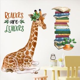 Mfault Giraffe Reading Corner Baby Boys Girls Wall Decals Stickers, Readers are Leaders Woodland Animals Read Books Nursery Playroom Decorations Bedroom Classroom Art, Kids Library Toddler Room Decor