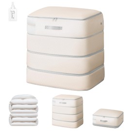 Easortm Comforter Storage Bag - Extra Large Capacity Blanket Storage Bags 4-Layer Ultra Space Saving Self Compression Organizer, Washable Compression Bags for Storage Comforter Blanket, 1-Pack, Beige