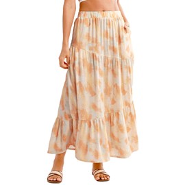 Amazhiyu Women's Linen Printed Maxi Skirt High Elastic Waisted Flowy Skirt Orange,Small