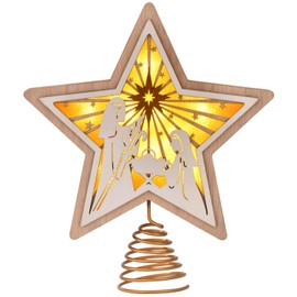 Christmas Star Tree Topper, Wooden 3D Star Glittered Hollow Plug-in Christmas Tree Topper Decoration with LED Light & 6-Hour Timer Function for Indoor Office Holiday Xmas 7.87" x 8.86" (White)