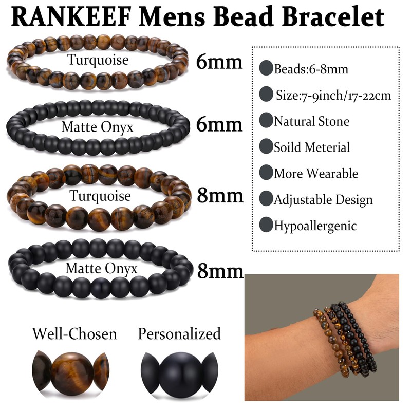 RANKEEF Mens Beaded Bracelets Lightweight 6mm/8mm Natural Stone Bracelet for