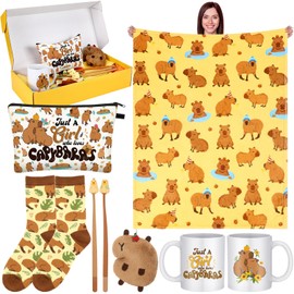 Simgoing 11 Pcs Capybara Christmas Gift Set Blanket Stickers Plush Keychain Makeup Bag Cartoon Pens Ceramic Mug Socks Gift Box Xmas Gifts for Capybara Lovers School Rewards Birthday Party