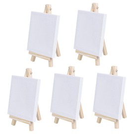 5Pack Mini Easel with Art Canvas, Canvas Art Boards Pre-Stretched and Primed Blank Canvas,Table Top Wooden Easel for Craft Oil Acrylic Painting & Drawing Artist (L10 x W10cm (3.93 x 3.93 inches)