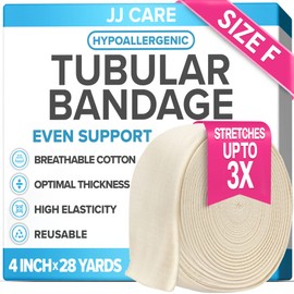 JJ CARE Tubular Bandage, 4” x 28 Yards Stockinette Tubing for Legs and Knees, Tubi Grip Size F Reusable Elastic Bandage Sleeve, Compression Tubes for Knees and Thigh, Rubber Latex w/Cotton
