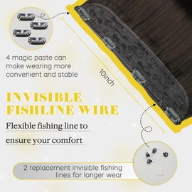 SAFIRENY Wire Hair Extensions Fish Line Hair Extensions Dark Brown Extensions, Invisible Wire Hair Extensions Real Human Hair Straight 14inch 70g Adjustable Size Hair Extensions(#2-14inch)