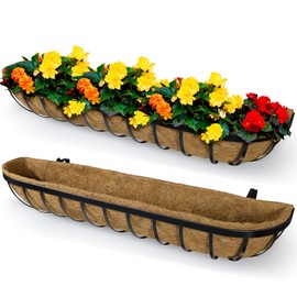 BeapTcely 36 x 7 x 8 inches Outdoor Black Metal Planter Box, 2 Pieces with Coconut Liner, Large Hanging Window Flower Boxes for Indoor Outdoor Deck Balcony Rail Fence Porch