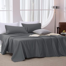 JELLYMONI Grey Sheet Set King Size - 4 Pieces Soft and Breathable Lyocell Cotton Blend Bed Sheets，Luxury Eucalyptus Bedding Set with Deep Pocket