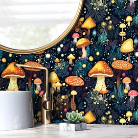 LACHEERY Dark Blue and Gold Mushroom Wallpaper Boho Mushroom Peel and Stick Wallpaper Forest Botanical Wall Paper Peel and Stick Contact Paper for Walls Cabinets Kids Bedroom Bathroom Roll 17.5"x80"