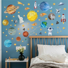 HOTIYOK Outer Space Wall Sticker, Stylish, Painting, Universe, Solar System, Planets, Astronauts, Rocket, Star, DIY Wallpaper, Wall Sticker, Removable, For Boys, Girls, Bedroom, Children, Room,