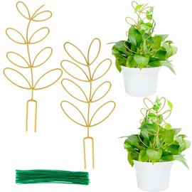 AUGSUN 2 Pcs Gold Trellis Leaf Shape 12 Inch Metal Plant Support with 50 Ties for Climbing Potted Plants Houseplant Garden Indoor Outdoor
